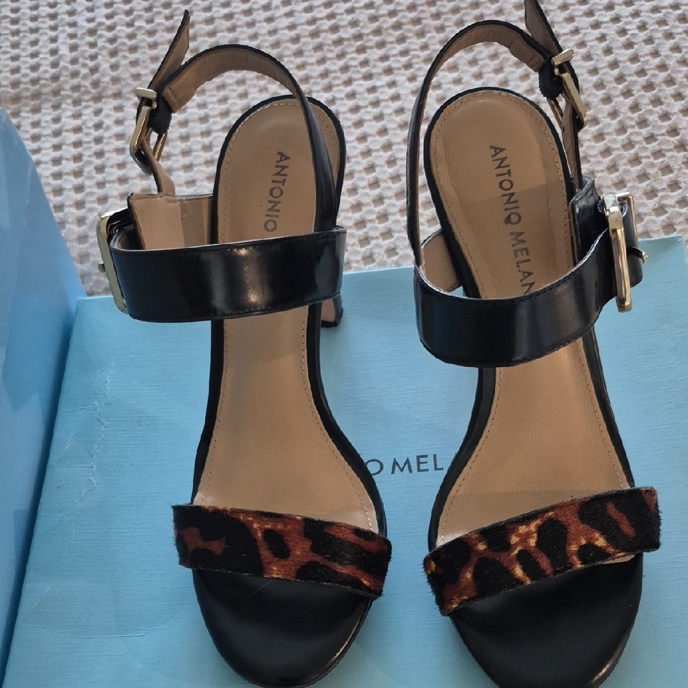 ANTONIO MELANI Black and Leopard Print Heels Very Nice Condition